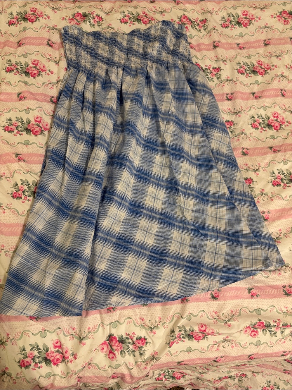 Derek Heart Blue and White Plaid Smocked Tube Top Dress
